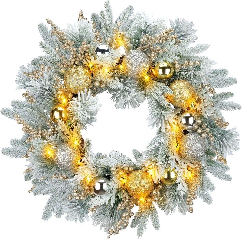 YULETIME 24" Christmas Wreath, Artificial Holiday Wreath with Baubles, Berries, Leaves, Spruce Branches, Snowy Pine Needles (Gold Bauble) - Image 1